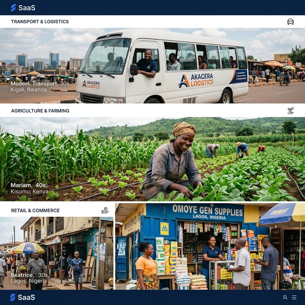 Various African business scenarios including transport, farming, and retail
